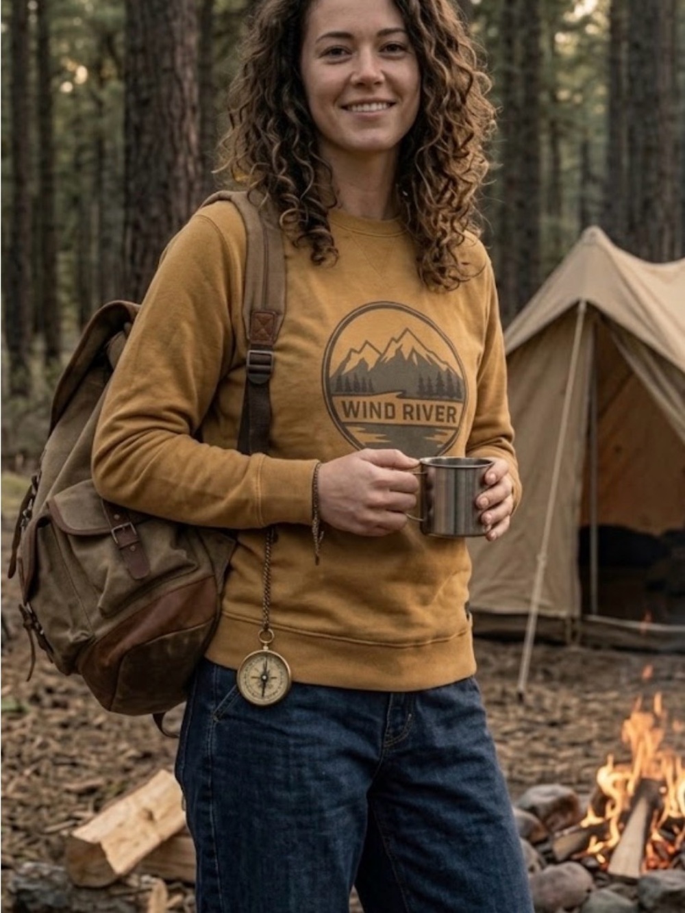 Wind River Mountain Graphic Crewneck Sweatshirt - Tan / Mustard - Size Large